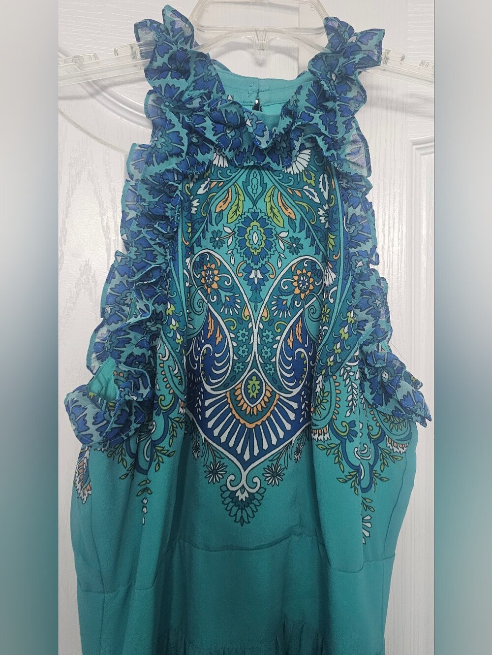 Boston Proper Blue Multi Paisley Print Ruffle High Neck Maxi Dress size 6 - Picture 5 of 11